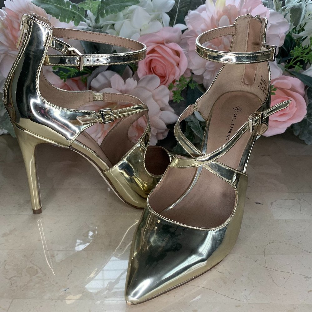Strappy Gold Stiletto Heels 7.5